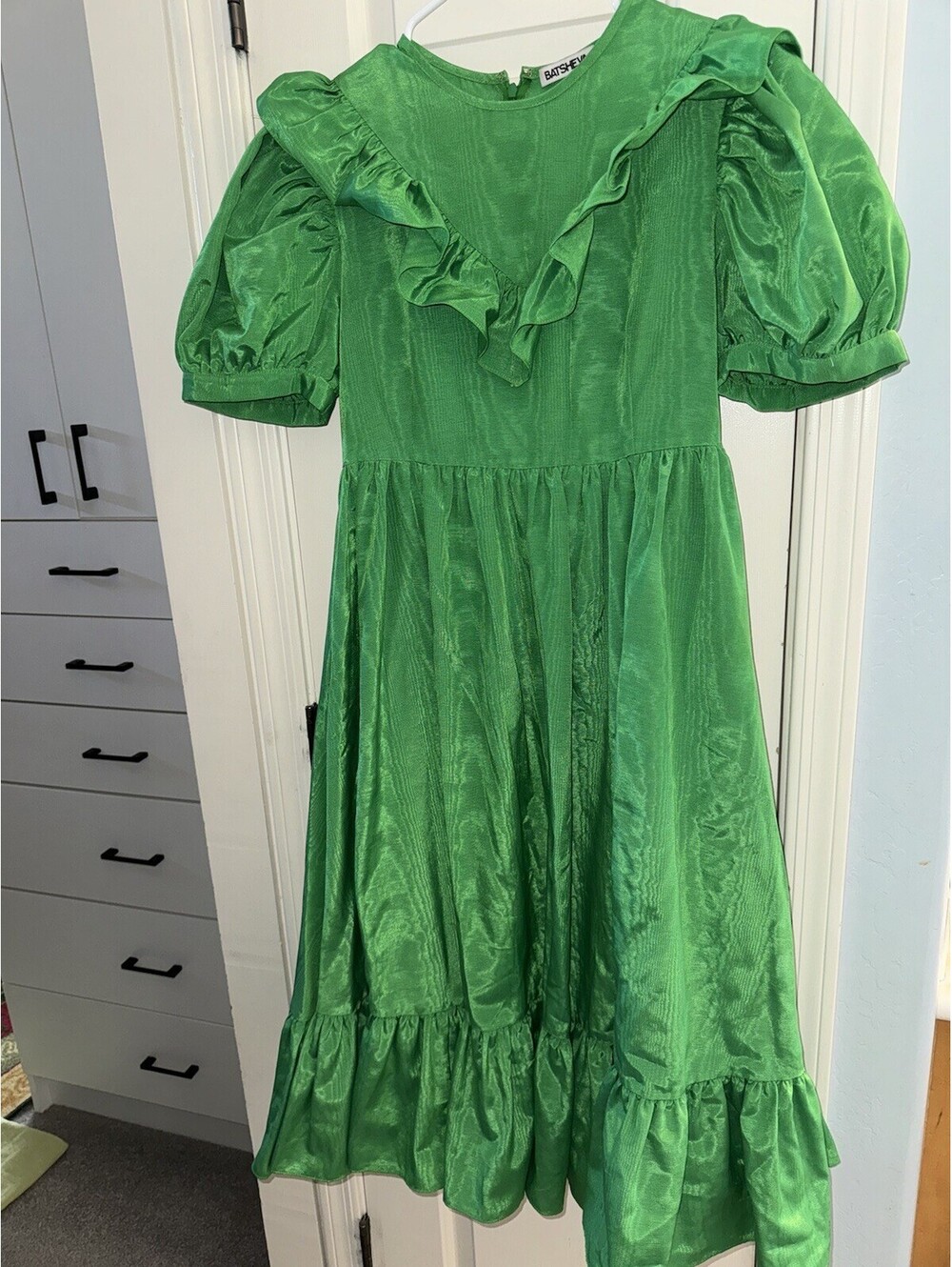 Batsheva Green Moiré Prairie Silk Taffeta Dress Ruffled Collar SIZE S? Emerald